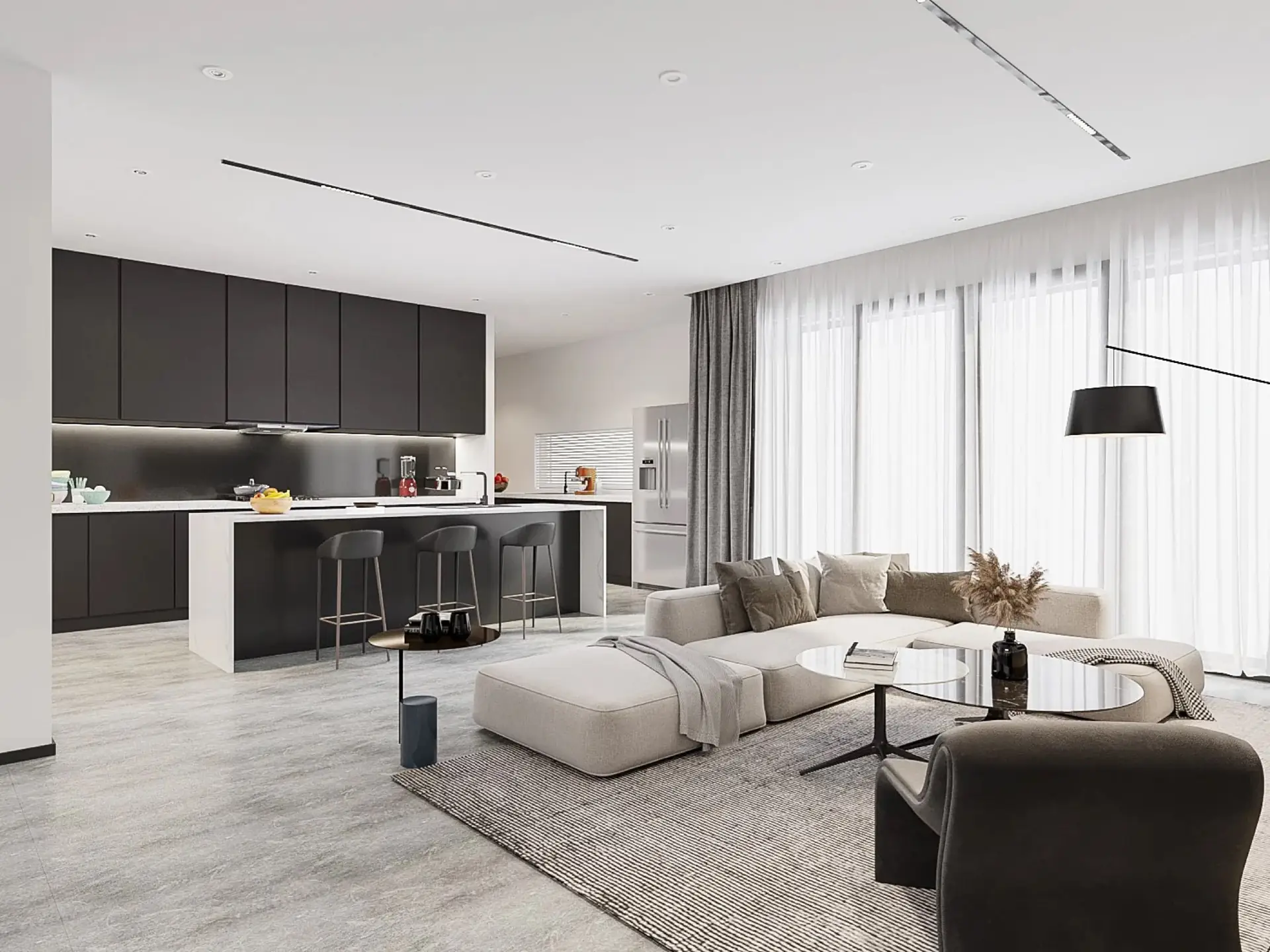 A warm modern residential interior with open-plan kitchen and living space.
