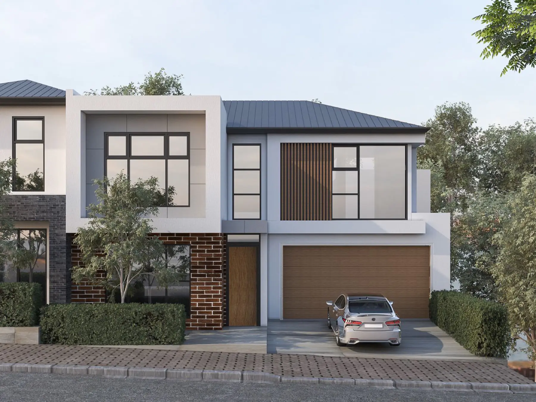 Architectural render showing facade detail with timber screen and garage.