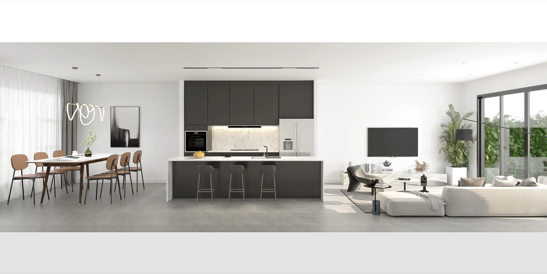 Interior render showing kitchen, dining and living concept for Colton Avenue.