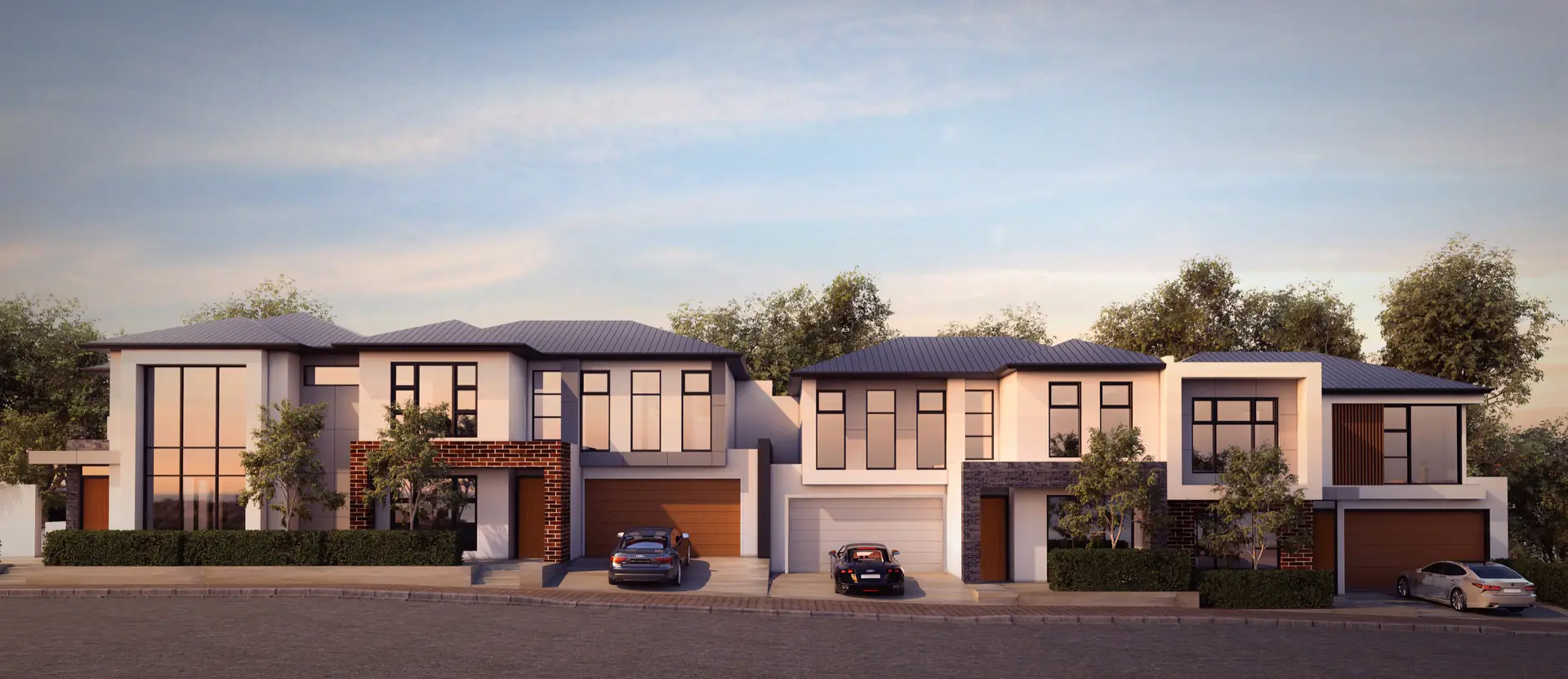Wide architectural render of the four-home Colton Avenue development.