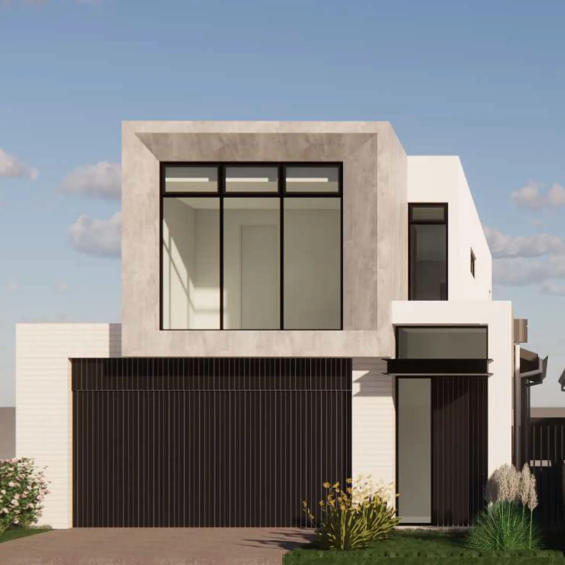 Strathmore Terrace Brighton townhouse facade with charcoal vertical cladding and framed upper window.