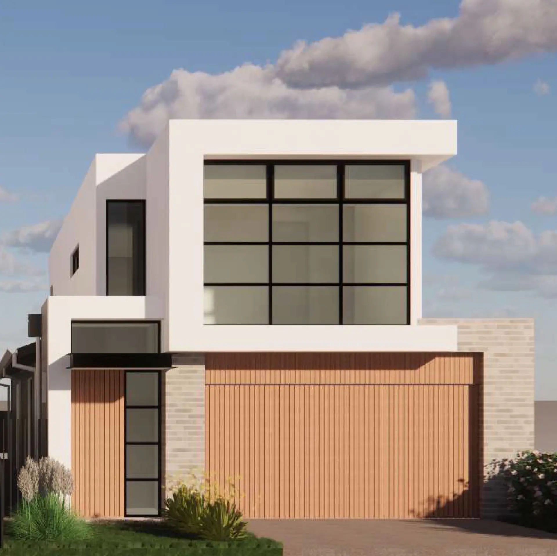 Strathmore Terrace Brighton townhouse facade with timber garage door, white render and black glazing.