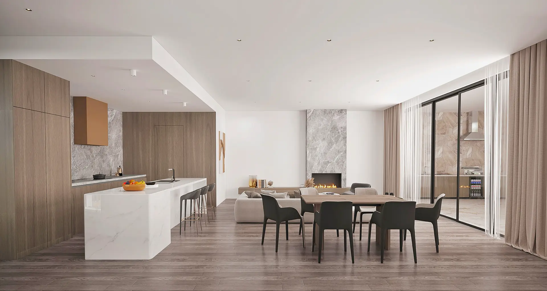 Open-plan Strathmore Terrace Brighton interior with kitchen, dining, living and glazed outdoor room.
